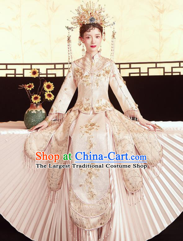 Chinese Traditional Wedding Embroidered Champagne Xiu He Suit Blouse and Dress Ancient Bride Costumes for Women