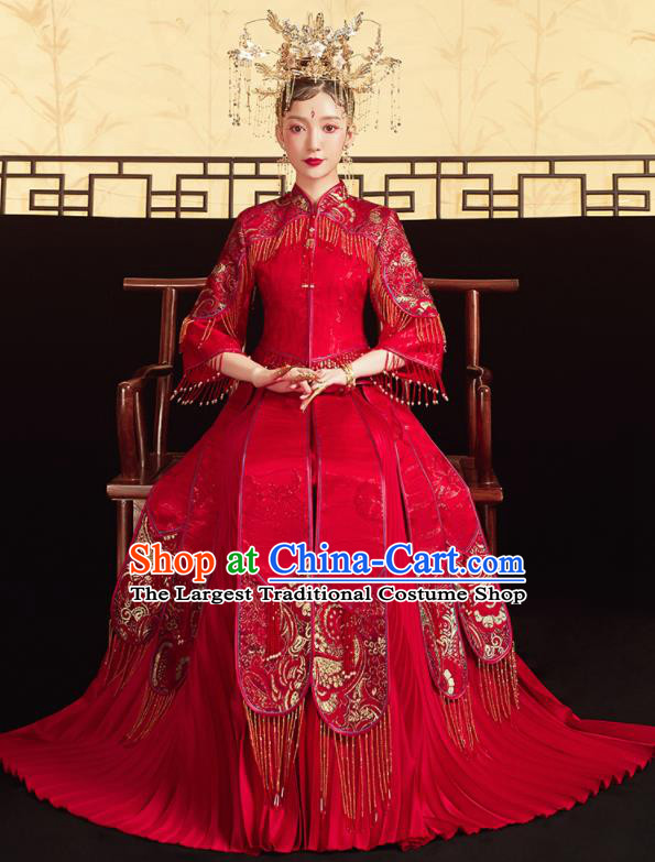Chinese Traditional Red Bottom Drawer Wedding Blouse and Dress Xiu He Suit Ancient Bride Costumes for Women