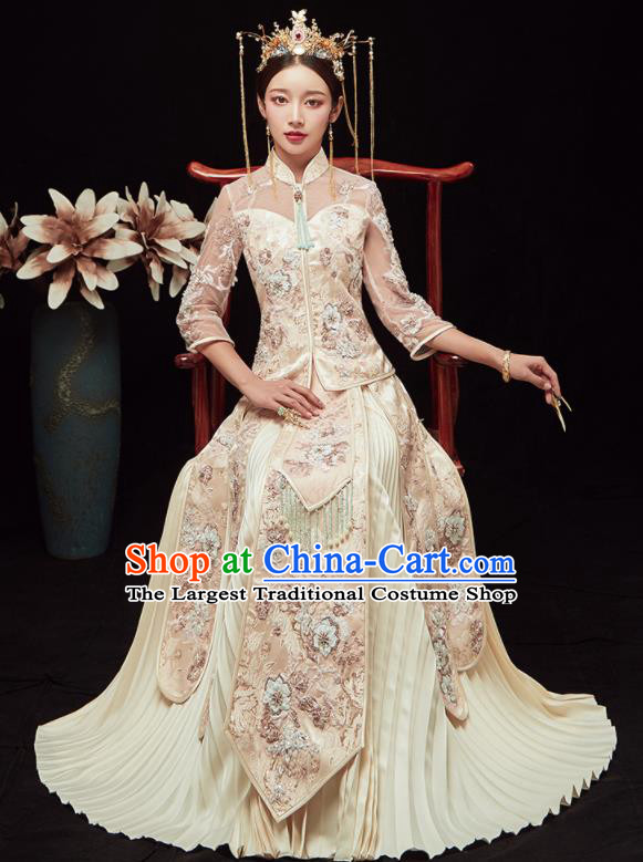 Chinese Traditional Wedding Embroidered White Blouse and Dress Xiu He Suit Red Bottom Drawer Ancient Bride Costumes for Women