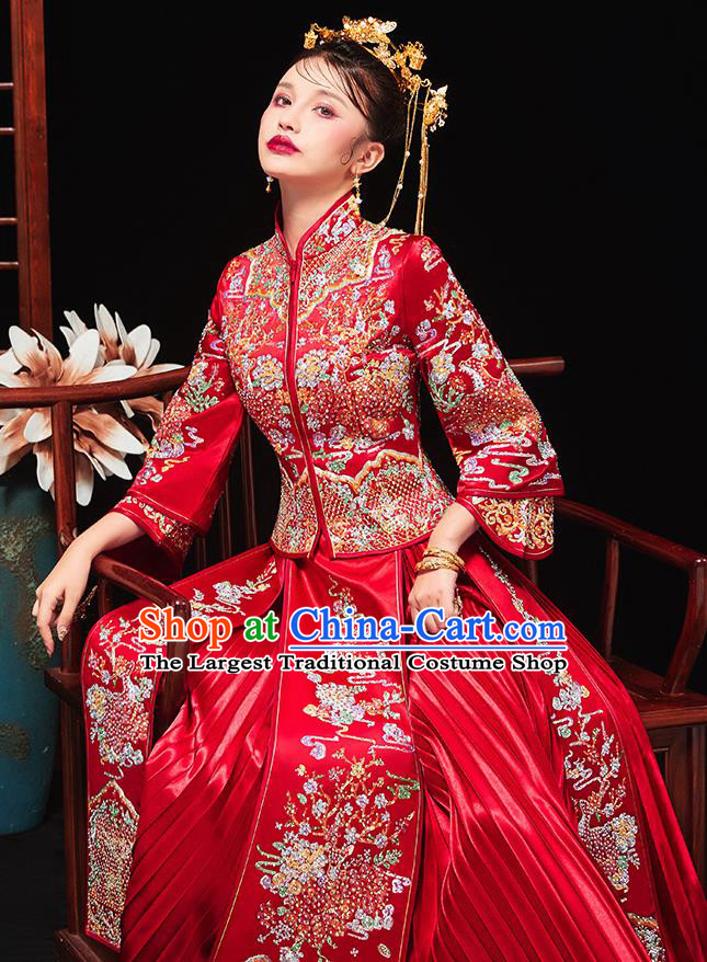 Chinese Traditional Bride Embroidered Drilling Peony Red Xiu He Suit Wedding Blouse and Dress Bottom Drawer Ancient Costumes for Women
