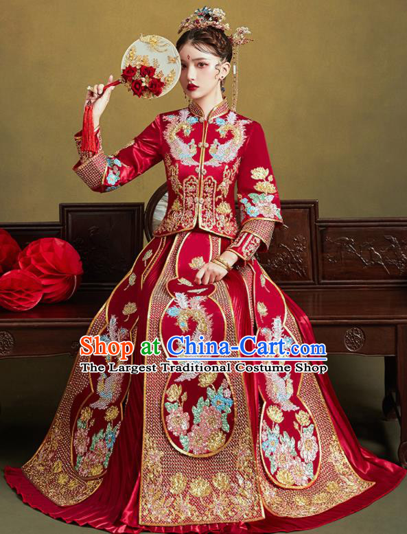 Chinese Traditional Wedding Drilling Bottom Drawer Embroidered Phoenix Peony Blouse and Dress Xiu He Suit Ancient Bride Costumes for Women
