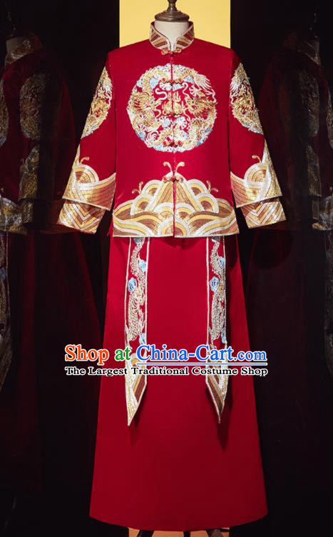 Chinese Ancient Bridegroom Embroidered Double Dragon Red Mandarin Jacket and Gown Traditional Wedding Tang Suit Costumes for Men
