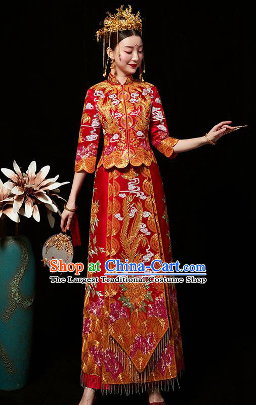 Chinese Ancient Bride Embroidered Phoenix Peony Red Costumes Diamante Xiu He Suit Wedding Blouse and Dress Traditional Bottom Drawer for Women