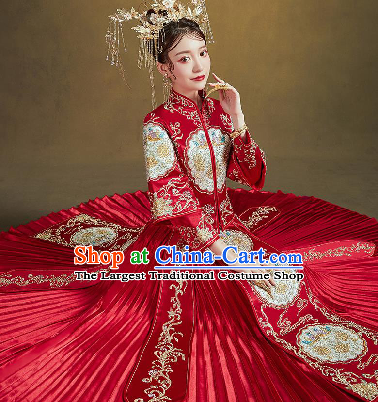 Chinese Traditional Ancient Bride Embroidered Costumes Drilling Mandarin Duck Red Xiu He Suit Wedding Blouse and Dress Bottom Drawer for Women