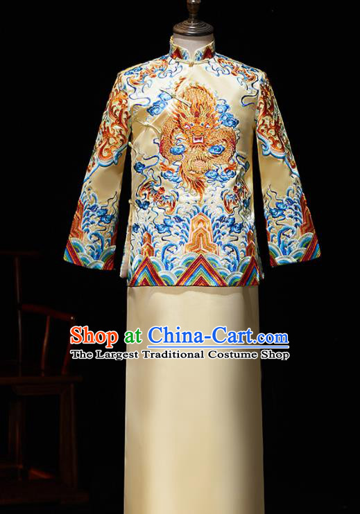 Chinese Ancient Bridegroom Embroidered Dragon Golden Mandarin Jacket and Gown Traditional Wedding Tang Suit Costumes for Men