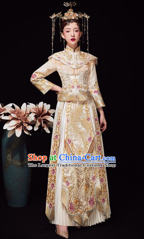 Chinese Ancient Wedding Embroidered Phoenix Peony Golden Blouse and Dress Traditional Bride Xiu He Suit Costumes for Women