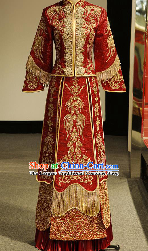 Chinese Ancient Wedding Embroidered Diamante Red Blouse and Dress Traditional Bride Xiu He Suit Costumes for Women