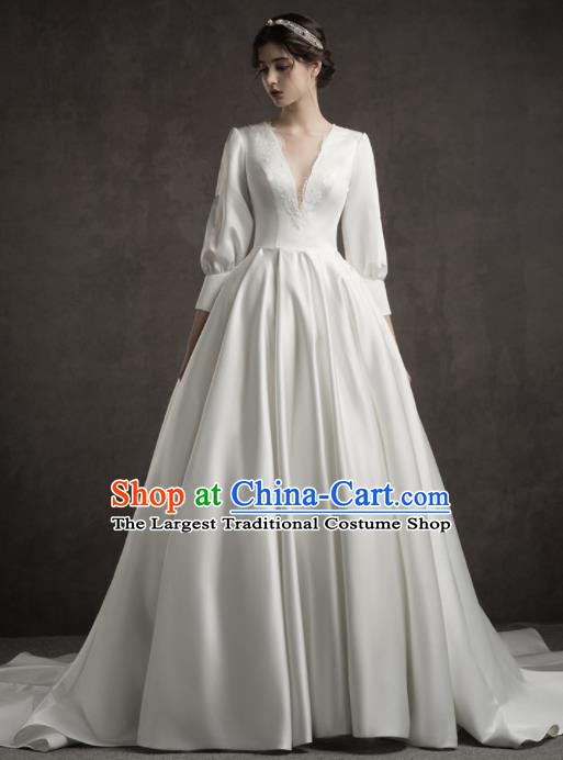 Custom Top Grade White Satin Wedding Dress Bride Trailing Full Dress for Women