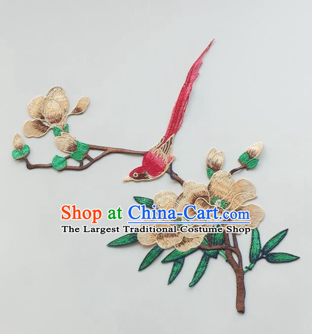 Chinese Traditional Embroidery Brown Yulan Magnolia Bird Applique Embroidered Patches Embroidering Cloth Accessories