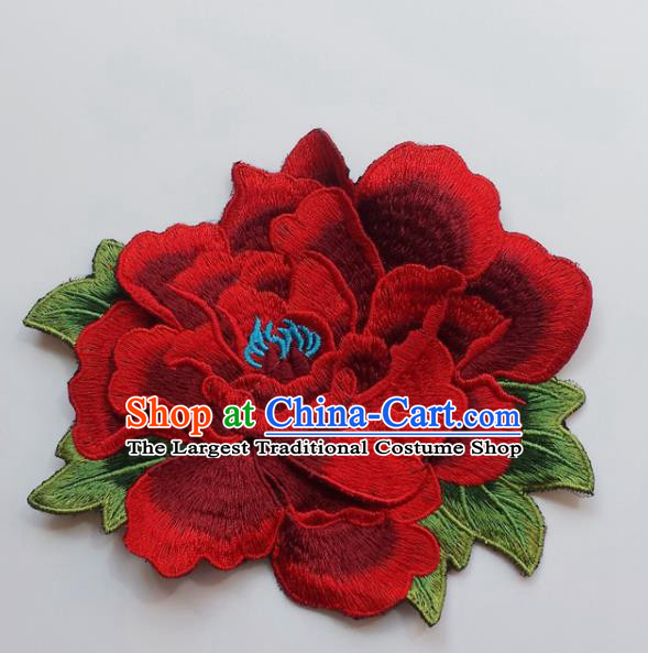 Chinese Traditional Embroidery Red Peony Flowers Applique Embroidered Patches Embroidering Cloth Accessories
