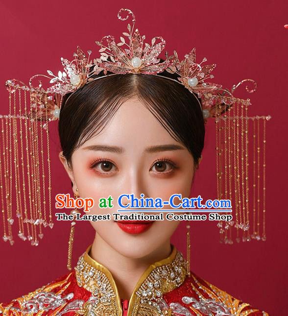 Chinese Ancient Bride Crystal Phoenix Coronet Hairpins Traditional Wedding Xiu He Hair Accessories Complete Set for Women