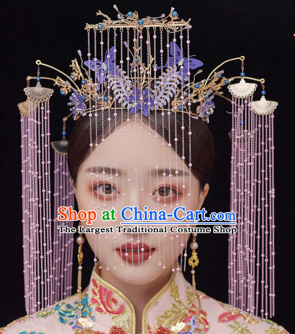 Chinese Ancient Bride Purple Butterfly Phoenix Coronet Tassel Hairpins Traditional Wedding Xiu He Hair Accessories Complete Set for Women