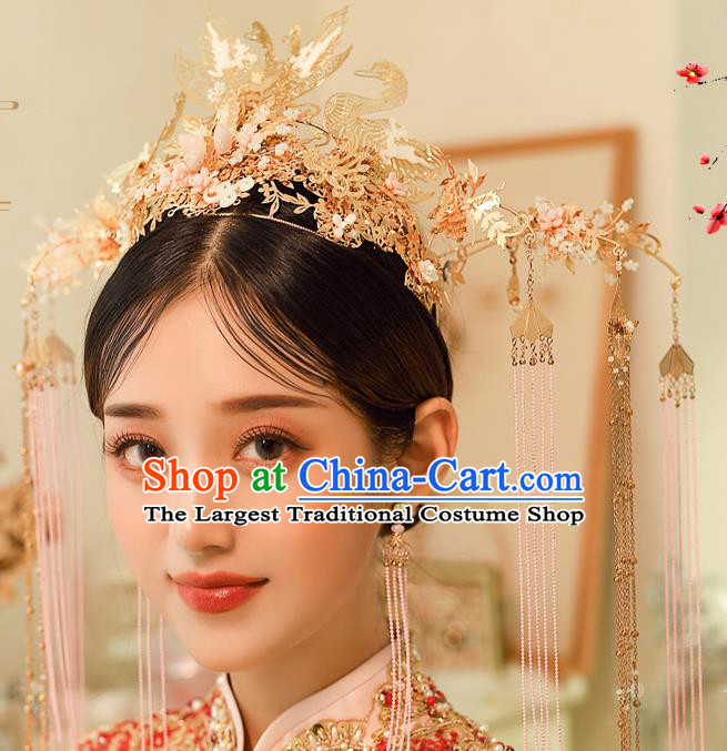 Chinese Ancient Bride Golden Swan Phoenix Coronet Tassel Hairpins Traditional Wedding Xiu He Hair Accessories Complete Set for Women