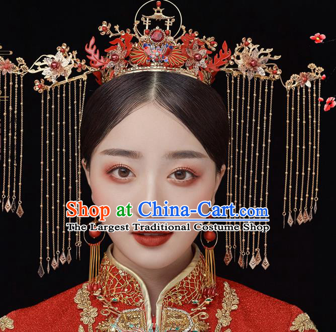 Chinese Ancient Bride Red Knot Phoenix Coronet Tassel Hairpins Traditional Wedding Xiu He Hair Accessories Complete Set for Women