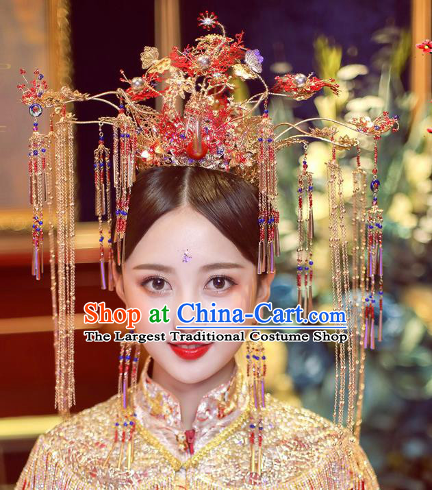 Chinese Ancient Bride Red Phoenix Coronet Tassel Hairpins Traditional Wedding Xiu He Hair Accessories Complete Set for Women