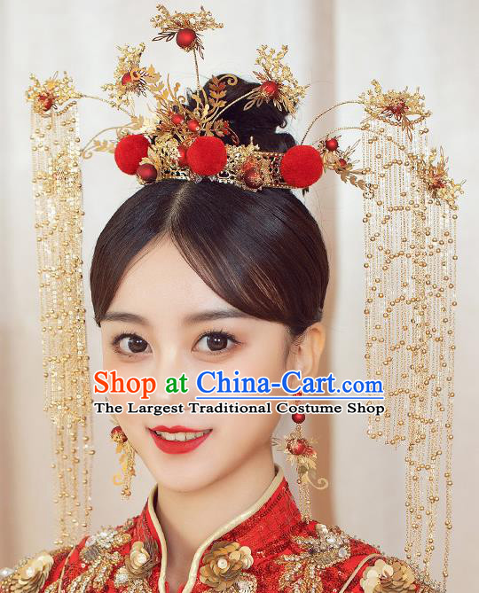 Chinese Ancient Bride Phoenix Coronet Tassel Hairpins Traditional Wedding Xiu He Hair Accessories Complete Set for Women