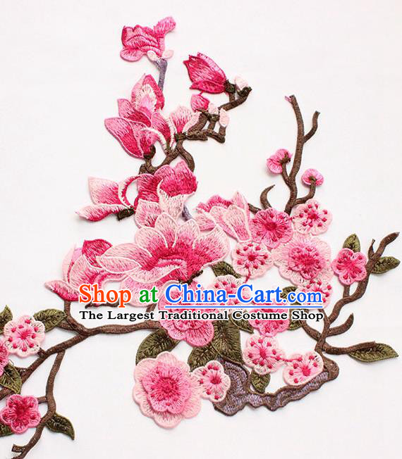 Traditional Chinese National Embroidery Pink Plum Mangnolia Applique Embroidered Patches Embroidering Cloth Accessories