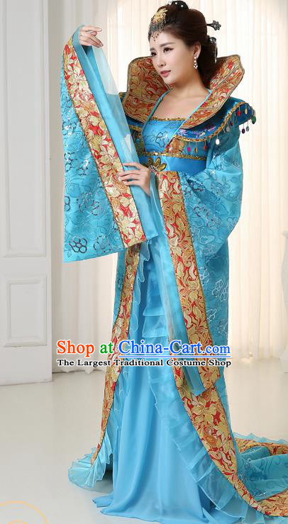 Chinese Ancient Tang Dynasty Imperial Consort Blue Trailing Dress Traditional Hanfu Goddess Classical Dance Costumes for Women