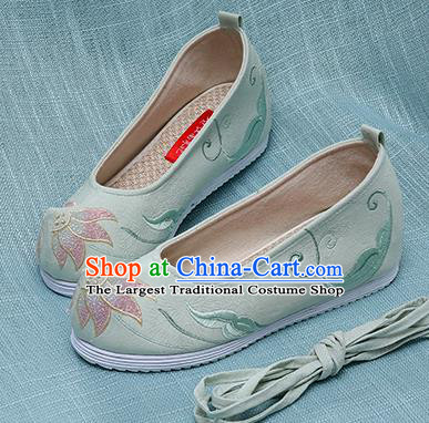 Chinese Handmade Embroidered Lotus Green Cloth Shoes Traditional Hanfu Shoes National Shoes for Women