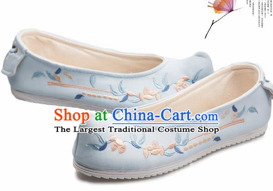 Chinese Handmade Opera Embroidered Blue Bow Shoes Traditional Hanfu Shoes National Shoes for Women