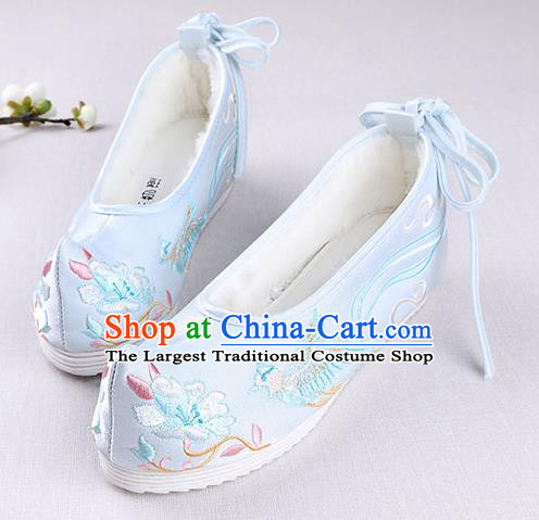 Chinese Handmade Opera Embroidered Phoenix Flower Blue Shoes Traditional Hanfu Shoes National Shoes for Women
