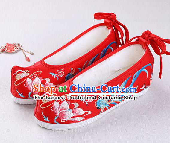 Chinese Handmade Opera Winter Embroidered Goldfish Lotus Red Shoes Traditional Hanfu Shoes National Shoes for Women