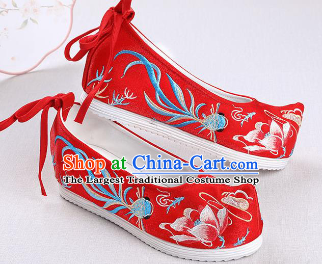Chinese Handmade Opera Embroidered Lotus Goldfish Red Bow Shoes Traditional Hanfu Shoes National Shoes for Women