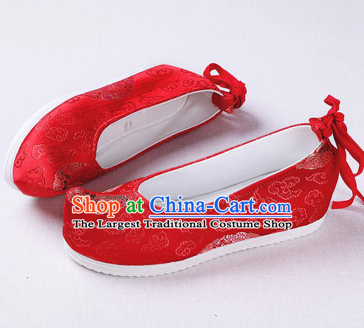 Chinese Handmade Opera Wedding Red Brocade Bow Shoes Traditional Hanfu Shoes National Shoes for Women