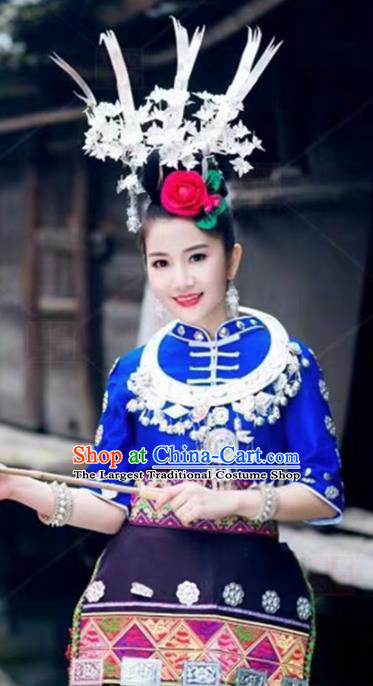 Chinese Traditional Miao Nationality Bride Embroidered Dress Ethnic Folk Dance Costume and Headwear for Women