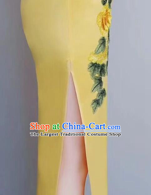 Chinese Traditional Long Qiapo Dress Embroidered Yellow Cheongsam National Costume for Women
