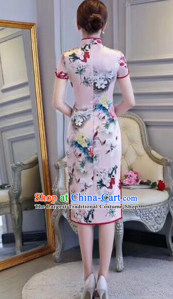 Chinese Traditional Short Qipao Dress Printing Pink Cheongsam National Costume for Women