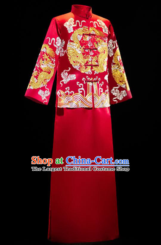 Chinese Traditional Tang Suit Red Mandarin Jacket and Gown Ancient Bridegroom Wedding Embroidered Costumes for Men