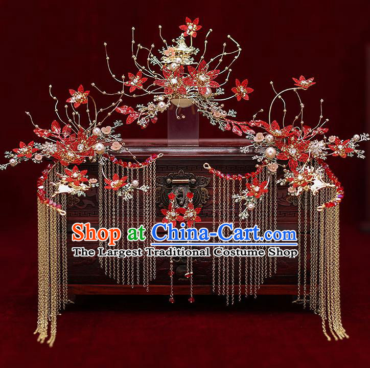 Chinese Traditional Wedding Red Flowers Hair Comb Bride Handmade Tassel Hairpins Hair Accessories Complete Set for Women