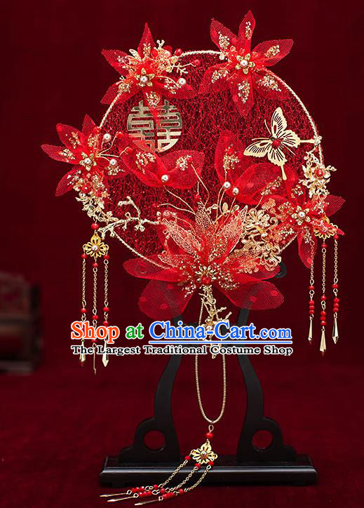 Chinese Traditional Wedding Red Silk Flowers Palace Fans Ancient Bride Prop Round Fan for Women