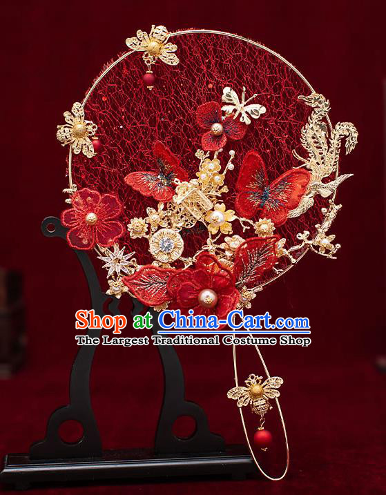 Chinese Traditional Wedding Red Lace Butterfly Palace Fans Ancient Bride Prop Round Fan for Men