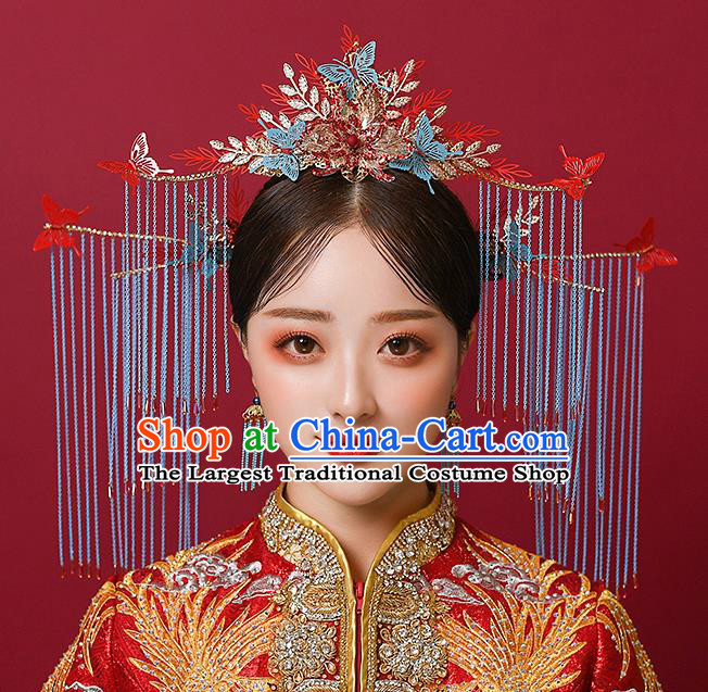 Top Chinese Traditional Wedding Blue Tassel Phoenix Coronet Bride Handmade Hairpins Hair Accessories Complete Set