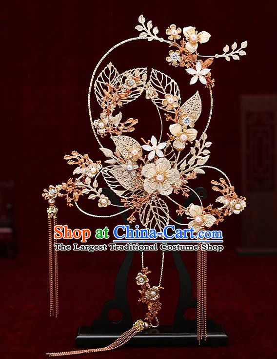 Chinese Traditional Wedding Golden Leaf Palace Fans Ancient Bride Prop Round Fan for Women