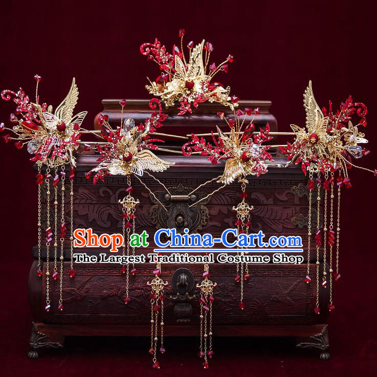 Top Chinese Traditional Wedding Golden Crane Hair Comb Bride Handmade Tassel Hairpins Hair Accessories Complete Set