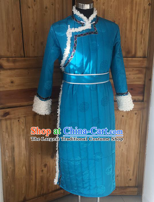 Chinese Mongolian Nationality Winter Garment Traditional Mongol Ethnic Minority Costume Blue Cotton Wadded Robe for Men