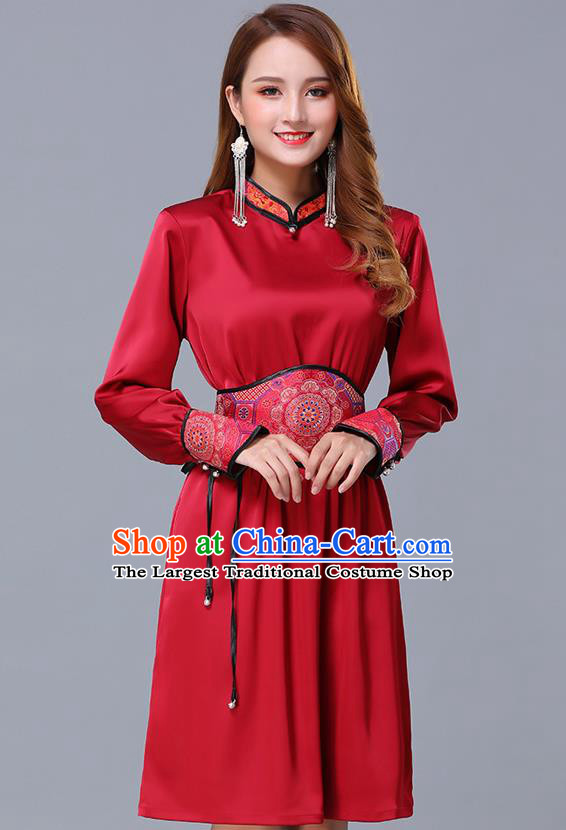 Chinese Traditional Mongolian Embroidered Red Short Dress Minority Garment Mongol Ethnic Nationality Stand Collar Costume for Women