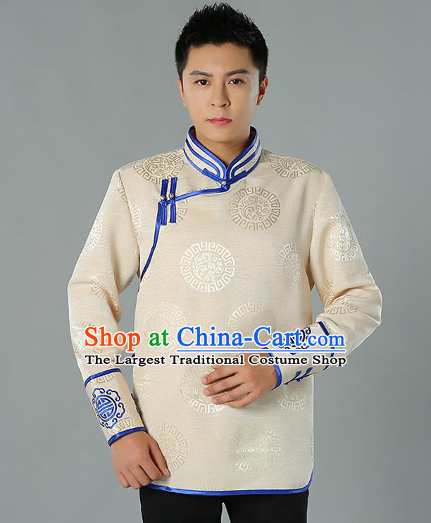 Chinese Mongol Nationality Upper Outer Garment Traditional Ethnic Minority Costume Beige Jacket for Men