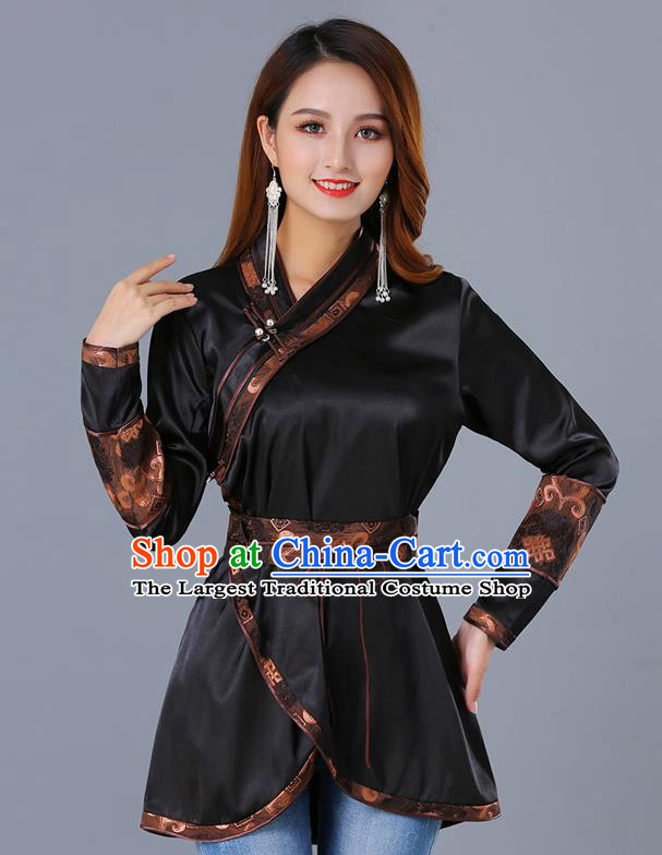 Traditional Chinese Ethnic Woman Black Blouse Apparels Mongol Minority Upper Outer Garment Mongolian Nationality Informal Costume
