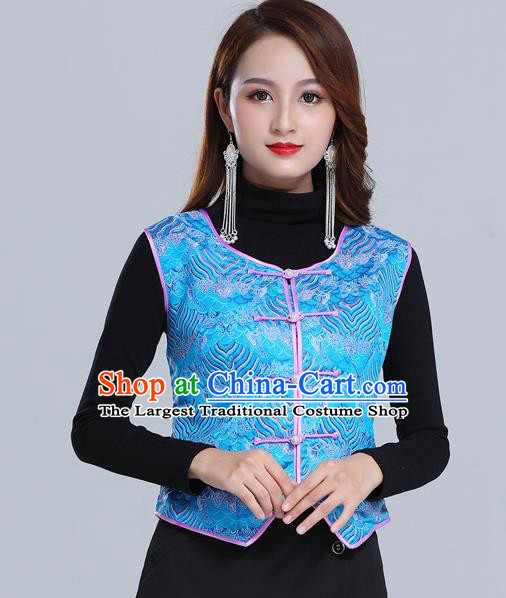 Traditional Chinese Tang Suit Blue Brocade Vest Mongol Ethnic Minority Garment Mongolian Nationality Waistcoat Apparels Costume for Woman