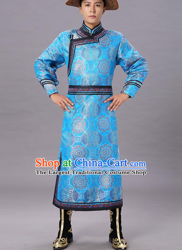 Chinese Traditional Ethnic Dance Garment Mongol Minority Costume Blue Brocade Mongolian Robe for Men