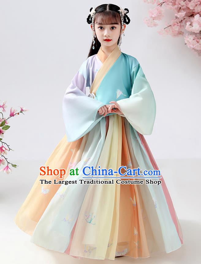 Chinese Ancient Children Butterfly Costumes Traditional Hanfu Ming Dynasty Girls Printing Blouse and Skirt for Kids