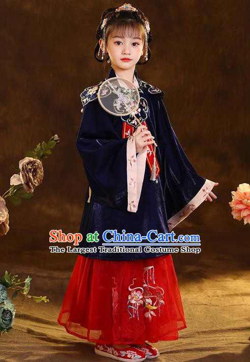 Chinese Traditional Tang Suit Deep Blue Blouse and Red Skirt Ancient Girl Hanfu Costumes for Kids