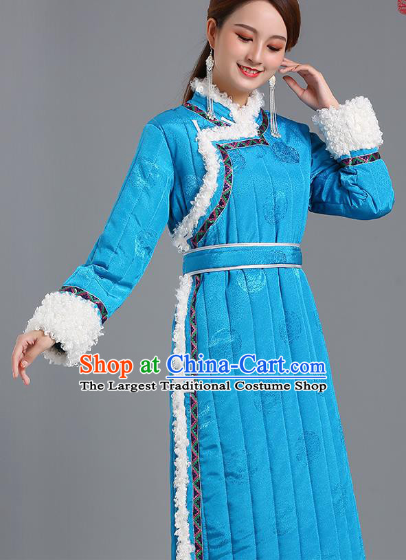 Traditional Chinese Mongol Minority Women Blue Mongolian Robe Apparels Ethnic Costume Mongolian Nationality Winter Garment