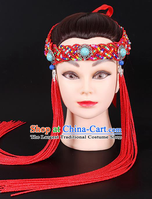 Traditional Chinese Mongol Minority Red Beads Tassel Headband Mongolian Ethnic Women Dance Hair Clasp Hair Accessories