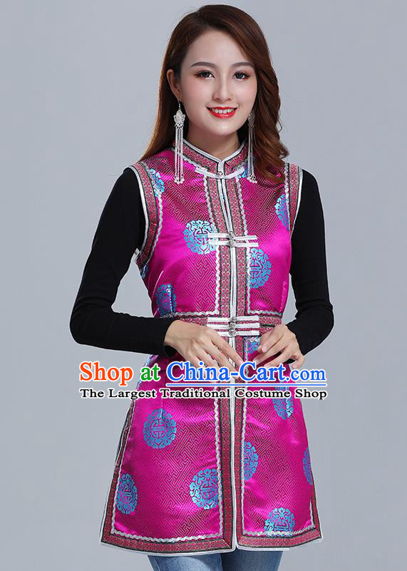Traditional Chinese Ethnic Women Rosy Brocade Vest Apparels Mongol Minority Garment Nationality Folk Dance Costume
