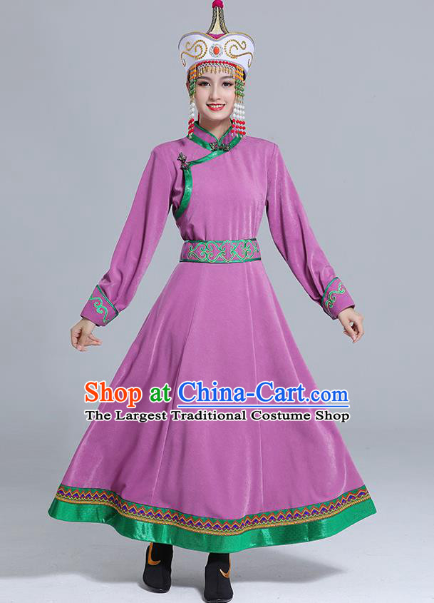 Traditional Chinese Mongol Minority Wedding Mongolian Robe Dance Apparels Mongolian Nationality Costume Ethnic Women Purple Dress Garment